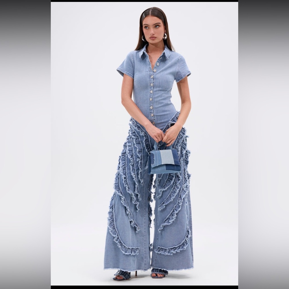 AKIRA Stylish Blue Denim Jumpsuit with Fringe LEAVE IT RUFFLED JUMPSUIT IN DENIM